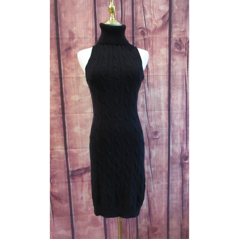 VTG 90s Ralph Lauren Black Cable Knit Sleeveless Turtleneck Dress Size M Cotton - Picture 2 of 7